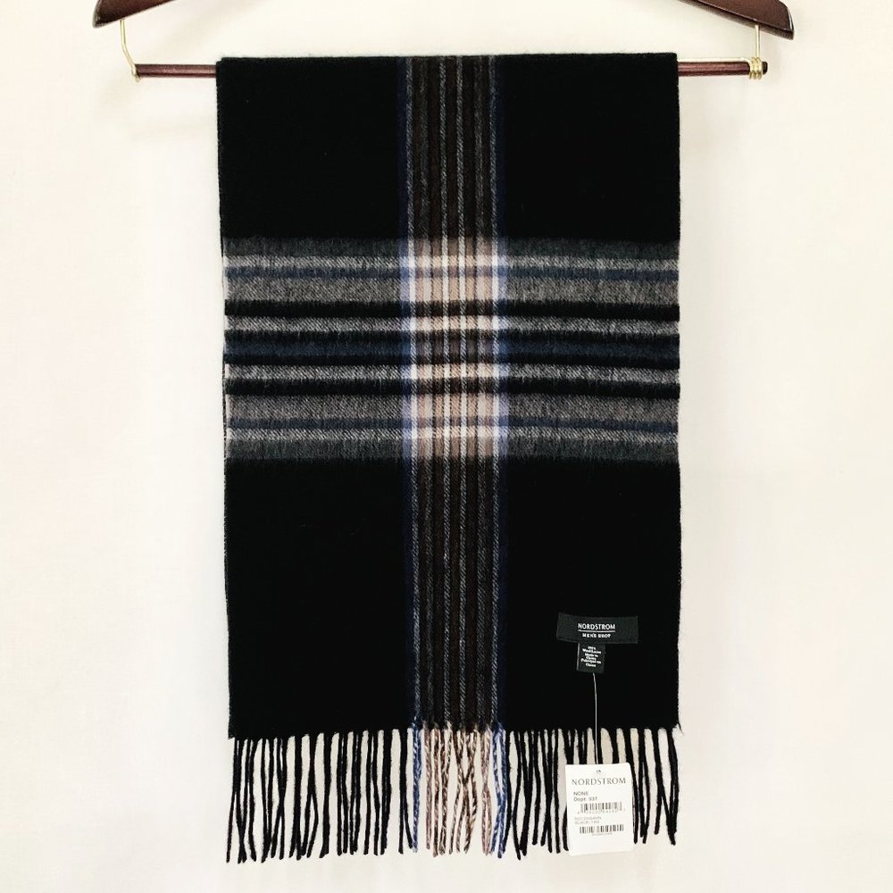 NWT NORDSTROM Men's Shop 100% Fine Wool Black Navy Tan Winter Scarf 72" x 12"